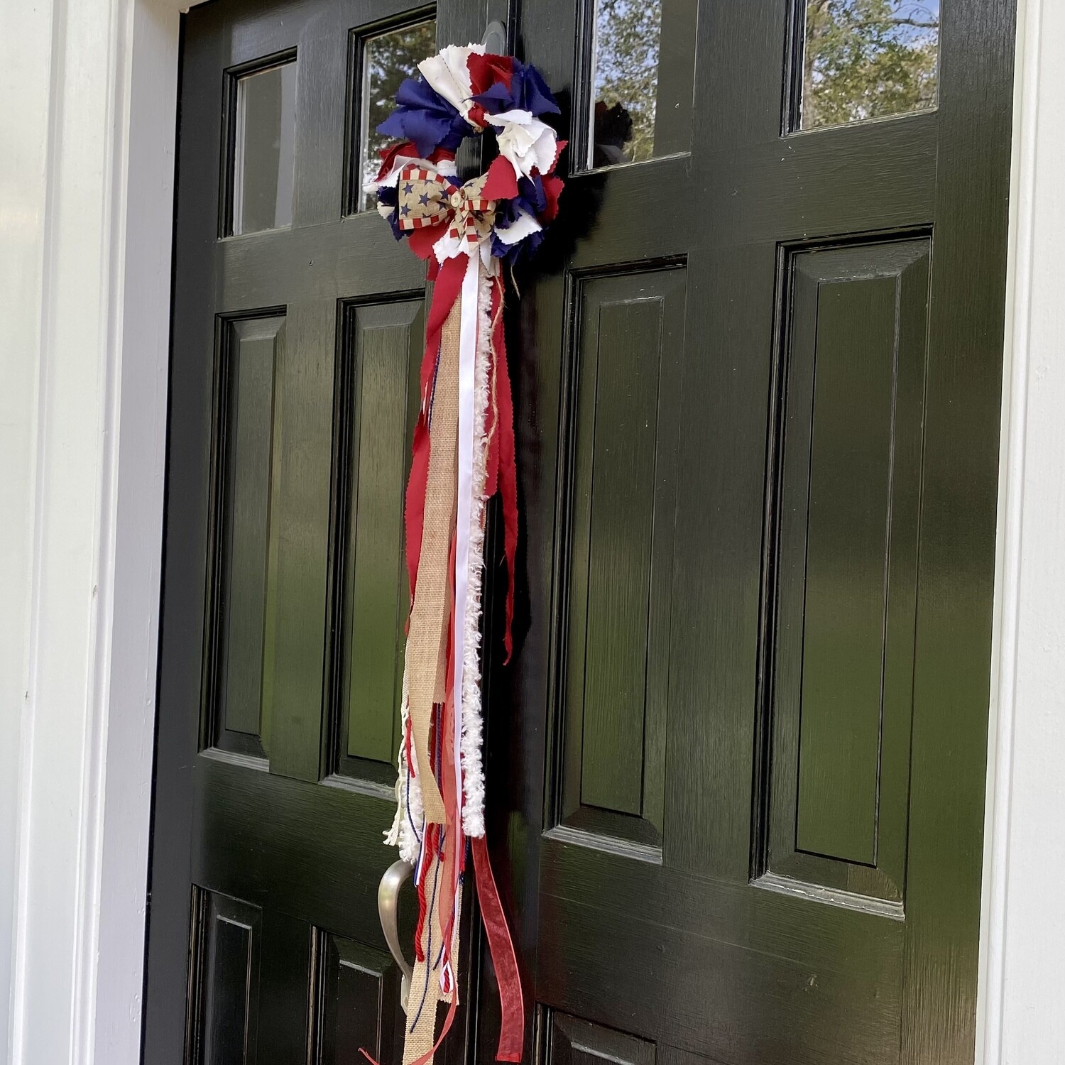 Patriotic Mini Round Fabric Wreath (with Detachable Multi-Layered Bow and Flowing Tail)