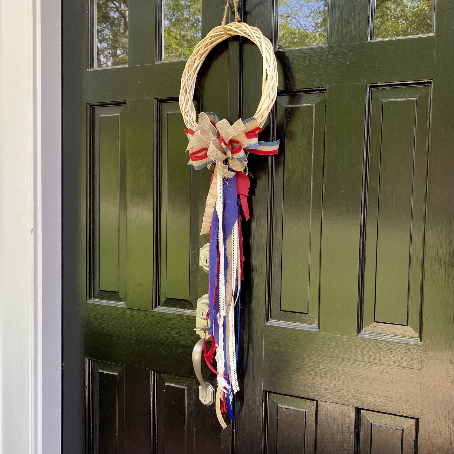 Patriotic Simple Wood and Bow with Rag Tail Wreath
