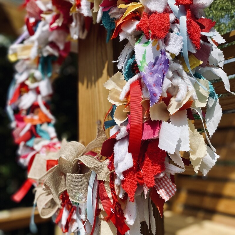 Ragtime (22&quot;) Round Multi-Colored Fabric Wreath with Detachable Burlap Button Bow