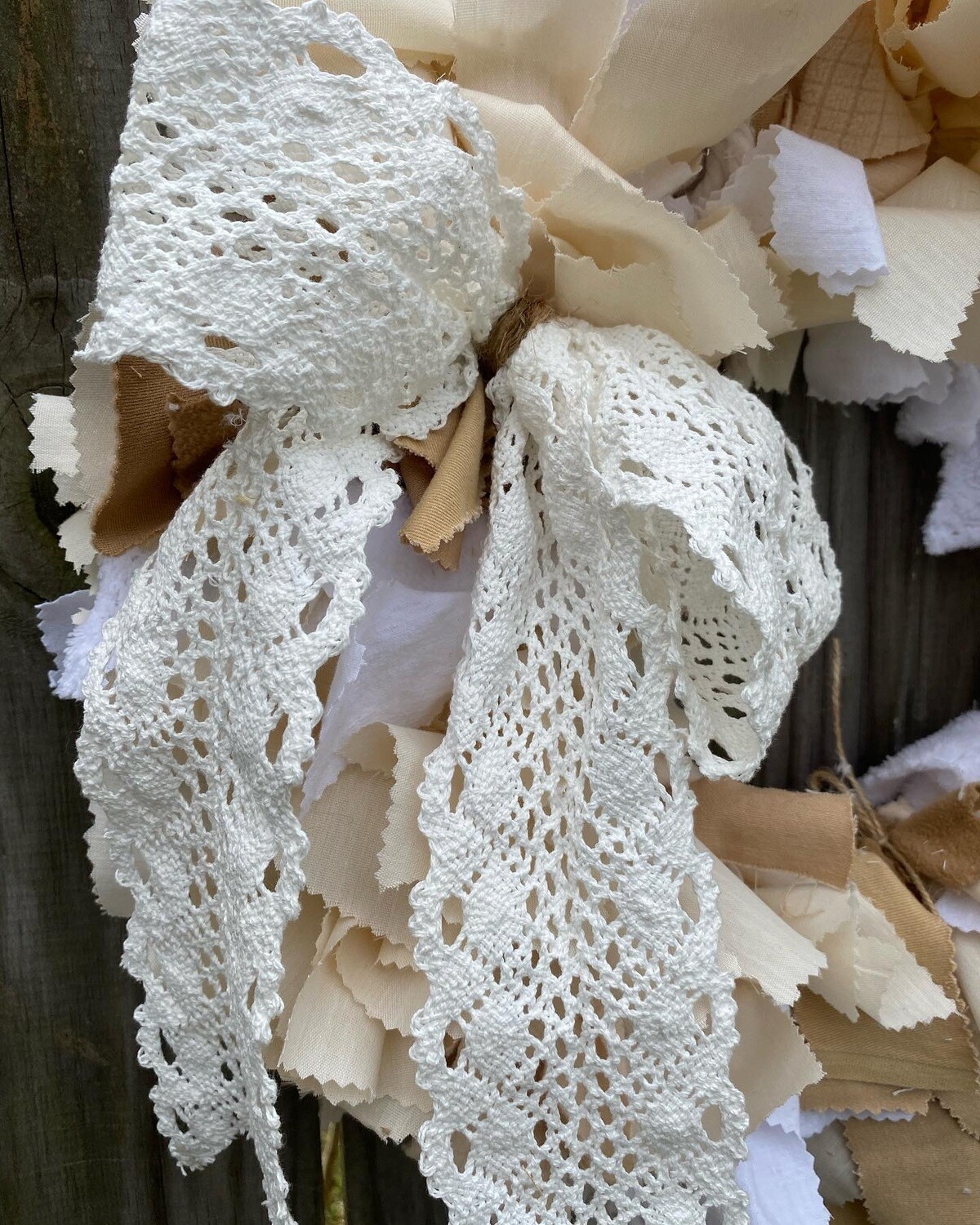 Old Fashioned Neutral Rustic (16”) Fabric Wreath with Detachable Crocheted Lace and Twine Bow