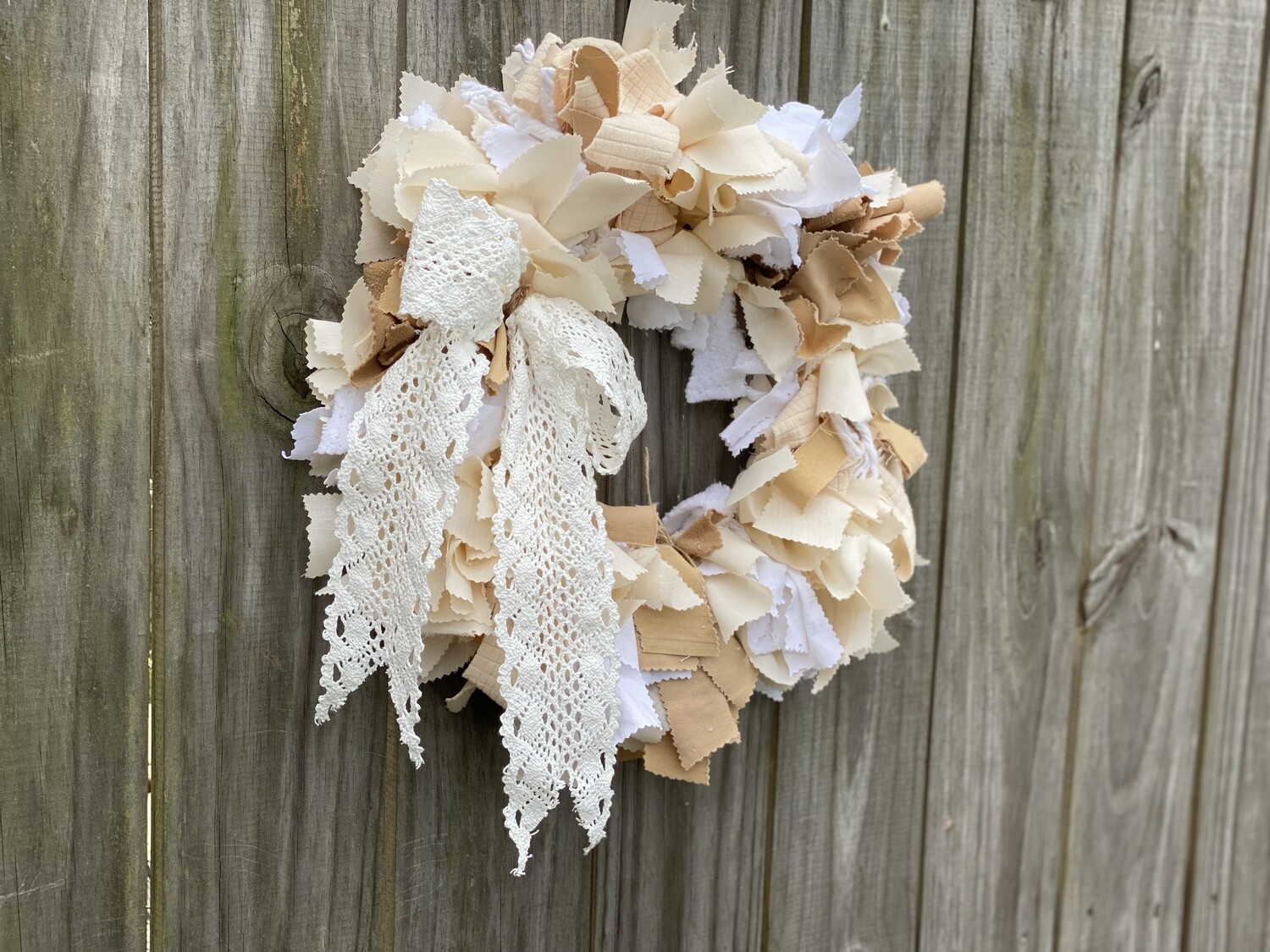 Old Fashioned Neutral Rustic (16”) Fabric Wreath with Detachable Crocheted Lace and Twine Bow