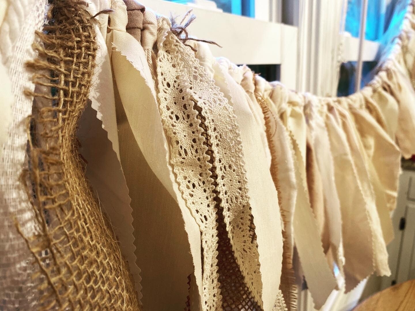 Cottage Rustic Rag Garland (neutral, rope, twine, burlap, fabric, lace) 96”