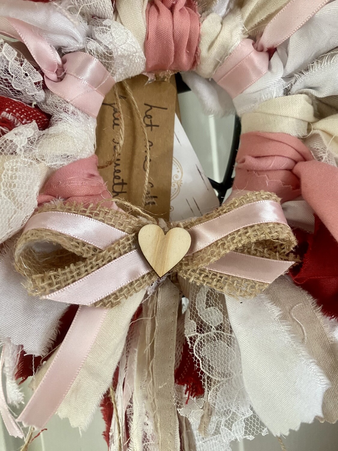 Classic Old Fashioned Pink, Neutral, Red Fabric and Lace Mini Round Fabric Wreath (with Detachable Multi-Layered Bow and Flowing Tail)