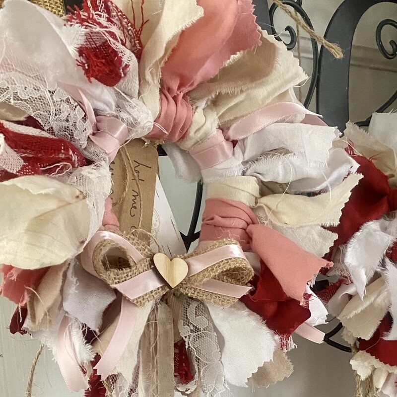 Classic Old Fashioned Pink, Neutral, Red Fabric and Lace Mini Round Fabric Wreath (with Detachable Multi-Layered Bow and Flowing Tail)