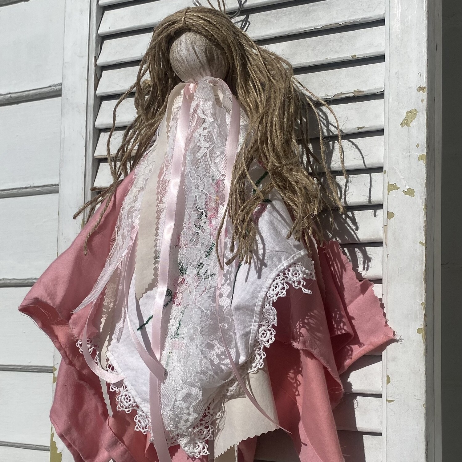 Vintage Linen Pretty in Pink with Flowers Victorian Rag Angel