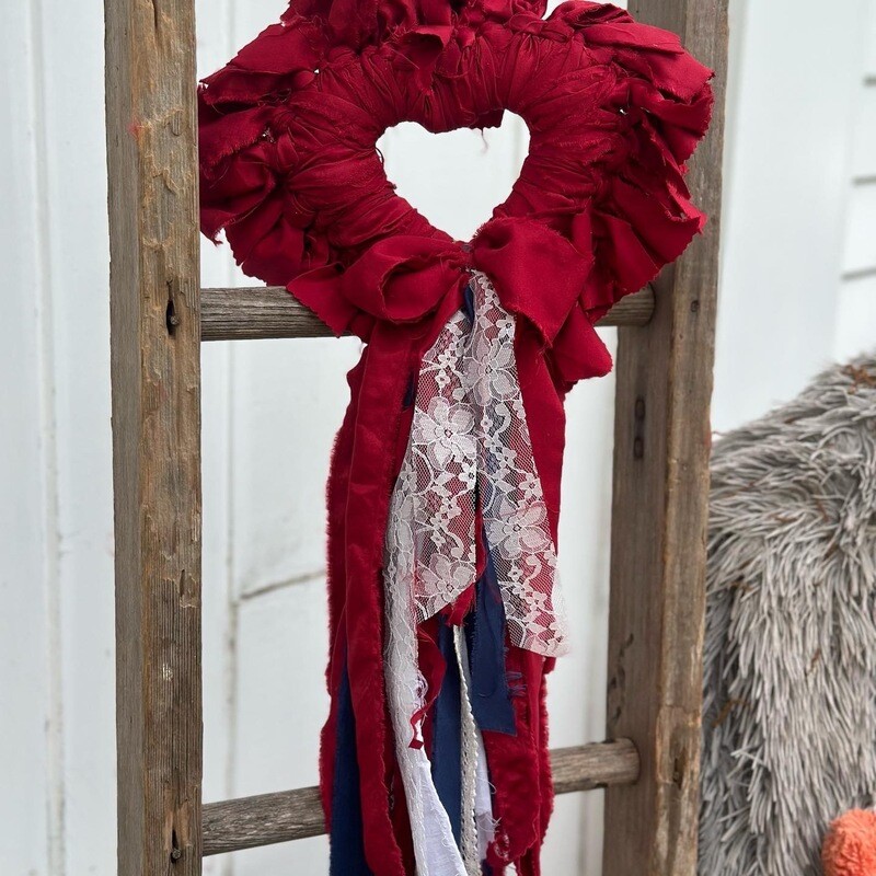 Patriotic “Heart of America” II Fabric Wreath (with Rag Bow and flowing red, white, and blue with lace tail)