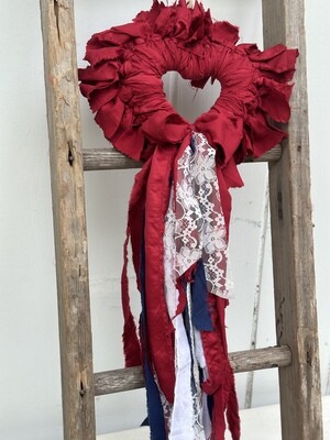 Patriotic “Heart of America” II Fabric Wreath (with Rag Bow and flowing red, white, and blue with lace tail)