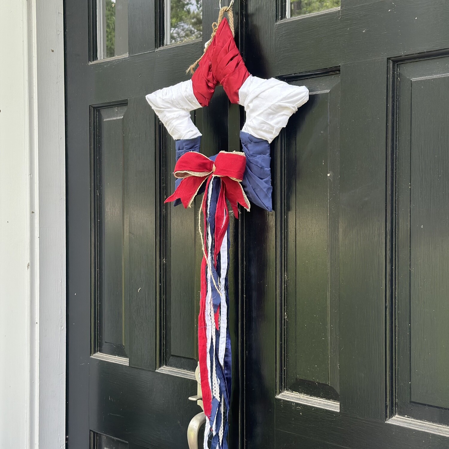 Classic “American Star” Tailored Simple Fabric Wreath (with Fabric Bow and Flowing Red, White, and Blue Tail)