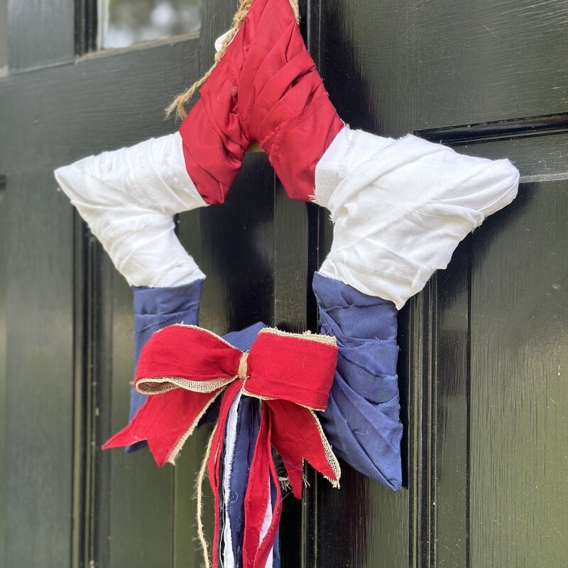 Classic “American Star” Tailored Simple Fabric Wreath (with Fabric Bow and Flowing Red, White, and Blue Tail)