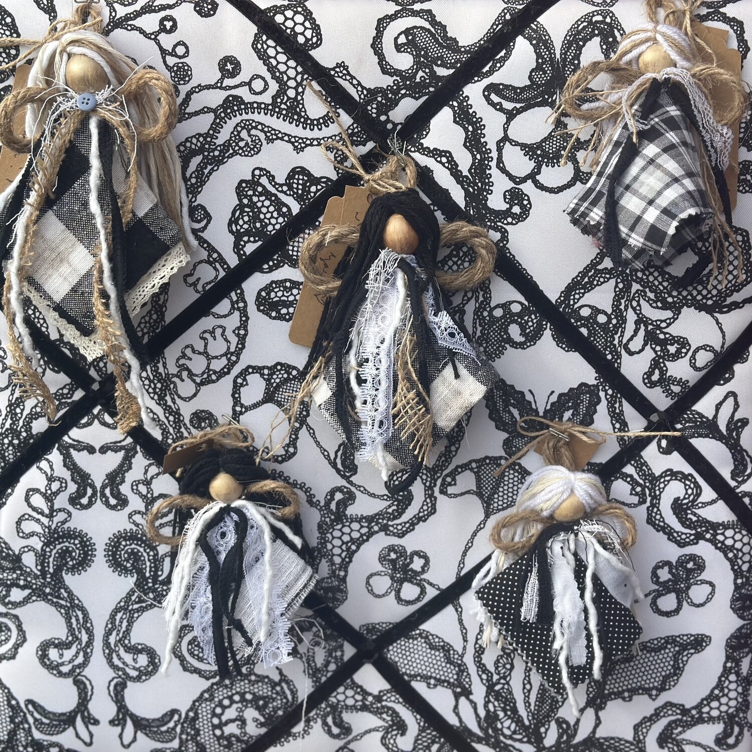 Rustic Black &amp; White Polka Dots, White Hair Victorian Rag Angel