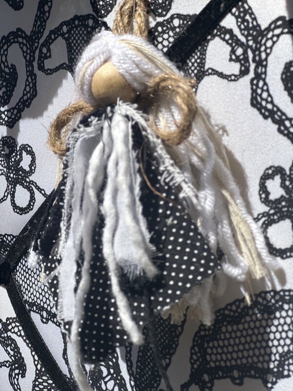 Rustic Black & White Polka Dots, White Hair Victorian Rag Angel