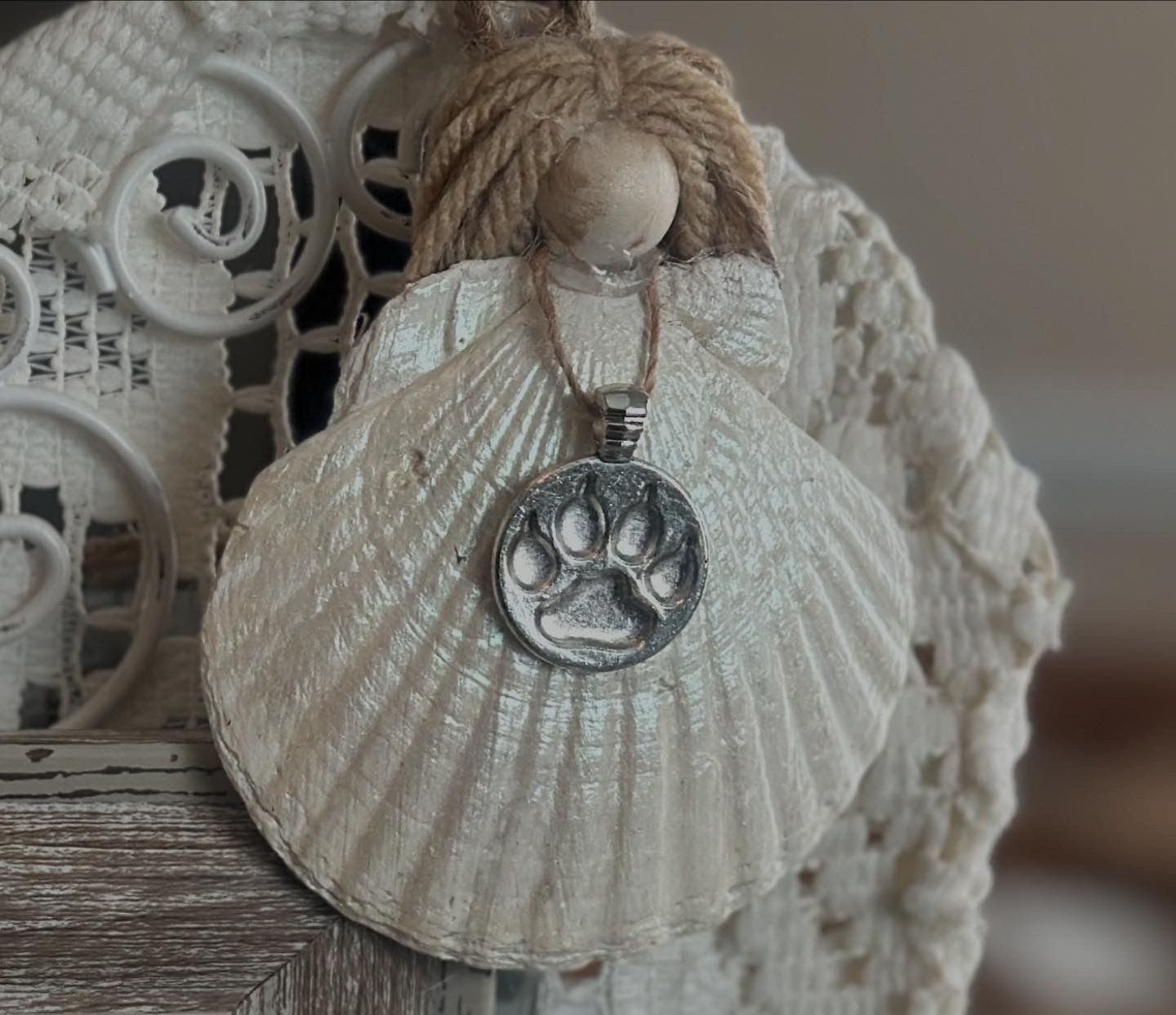 Hand Painted Shell Angel with Paw Print Charm