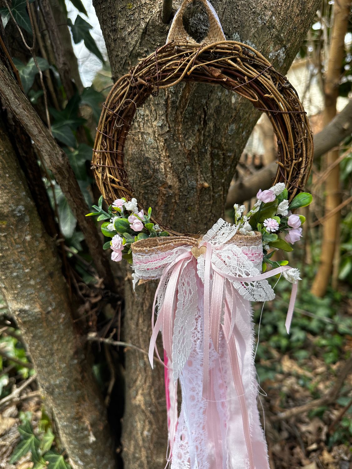 Grapevine Pink Floral/Fabric/Ribbon/Lace Mini Wreath