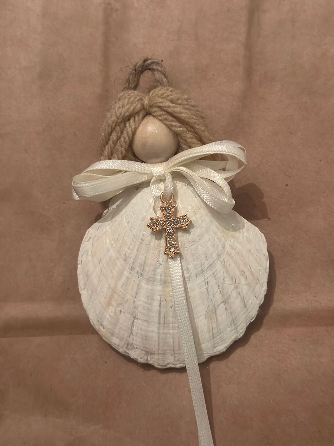 Hand Painted Shell Angel with Cross