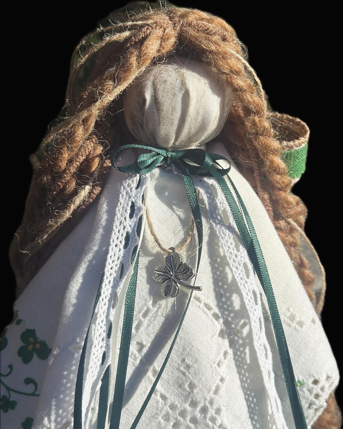 Irish Victorian Rag Angel with Shamrock Charm:  Shamrocj, Lace, Antique Fabric