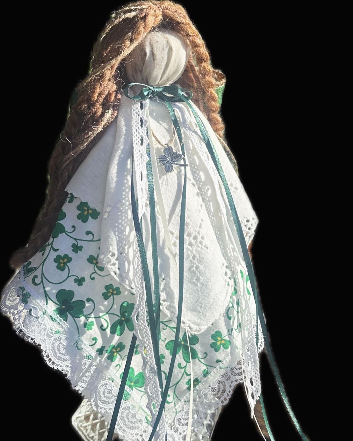 Irish Victorian Rag Angel with Shamrock Charm:  Shamrocj, Lace, Antique Fabric