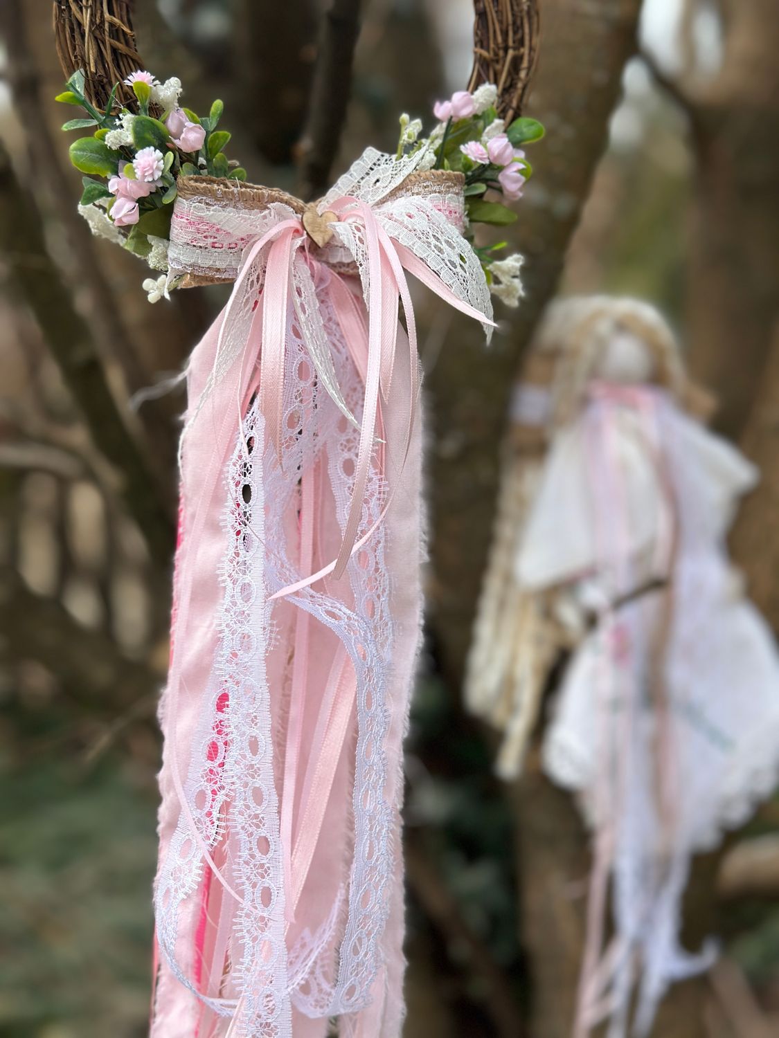 Grapevine Pink Floral/Fabric/Ribbon/Lace Mini Wreath