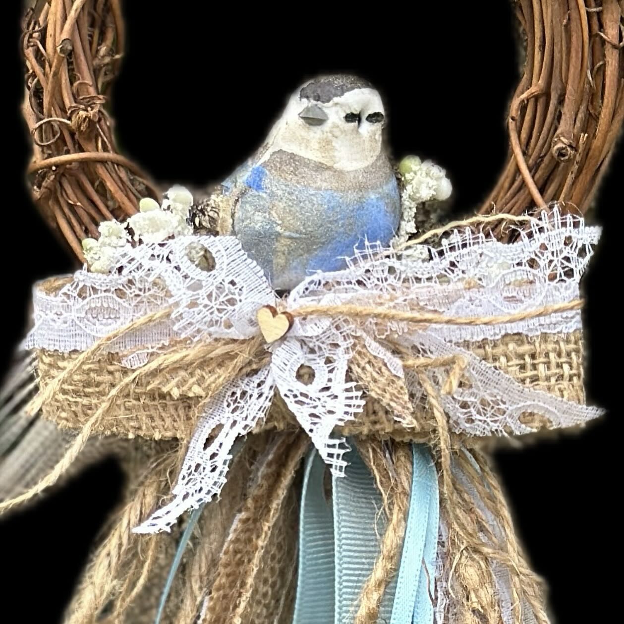 Grapevine Mini Wreath with Bluebird, fabric, burlap, ribbon, lace
