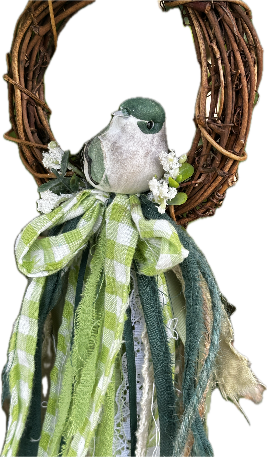 Grapevine with Bird, Fabric, Lace Mini-Wreath
