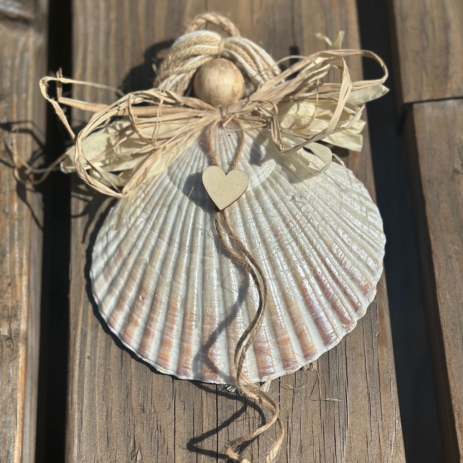 Hand Painted Shell Angel with Wooden Heart, Seagrass