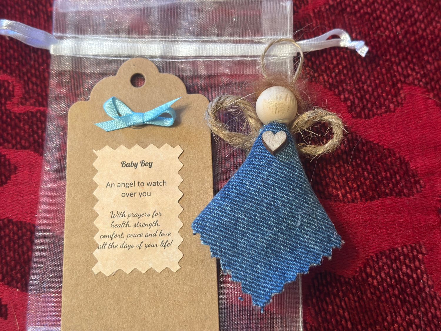 Denim Baby Boy Ornament/Magnet with Stained Wooden Heart, Prayer, Organza Bag