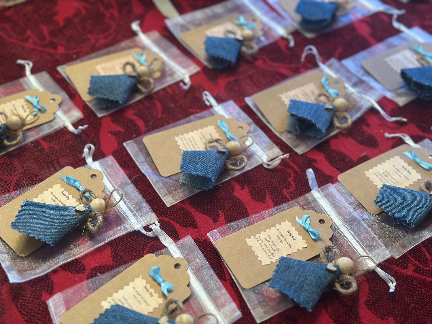 Denim Baby Boy Ornament/Magnet with Stained Wooden Heart, Prayer, Organza Bag
