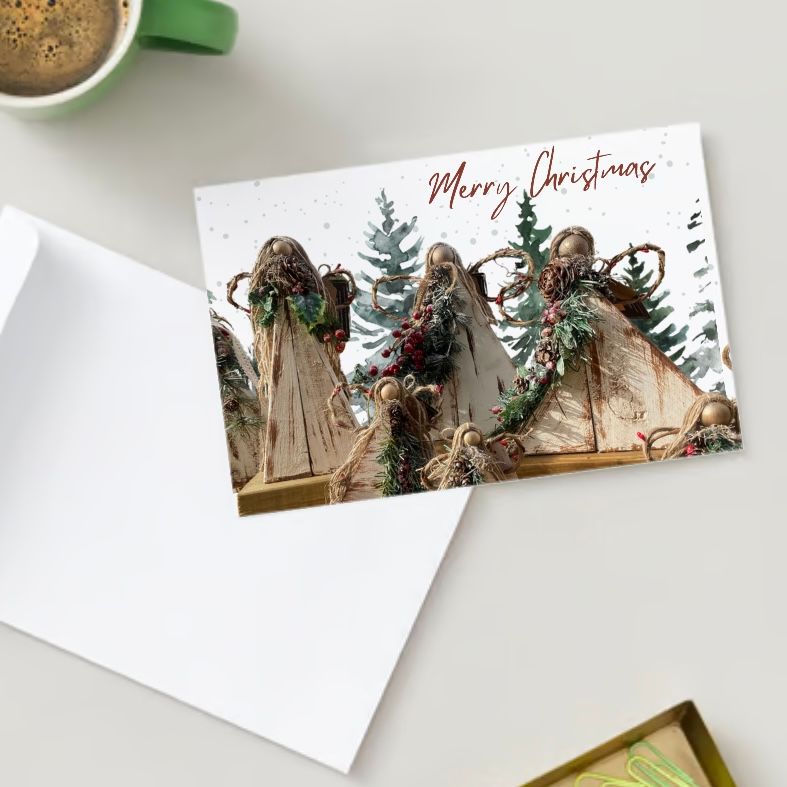 Card: Merry Christmas Woodland Angels  (blank, with envelope)