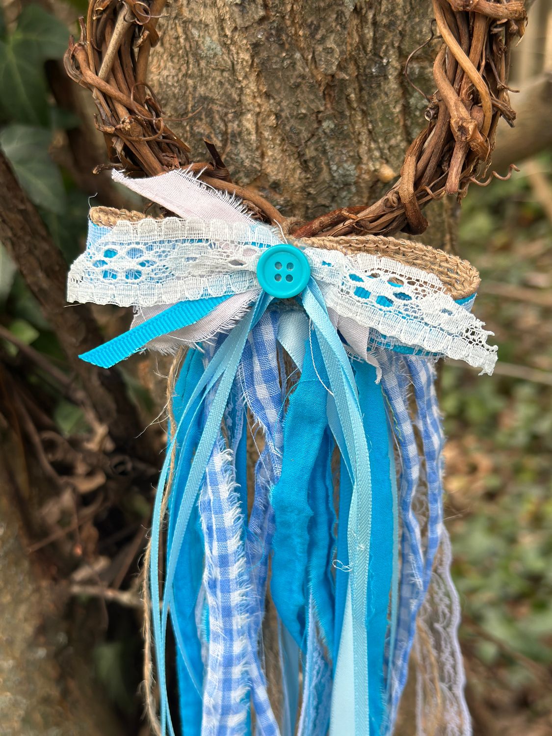 “Feeling Blue” mini grapevine, fabric, burlap, ribbon, lace wreath/hanger