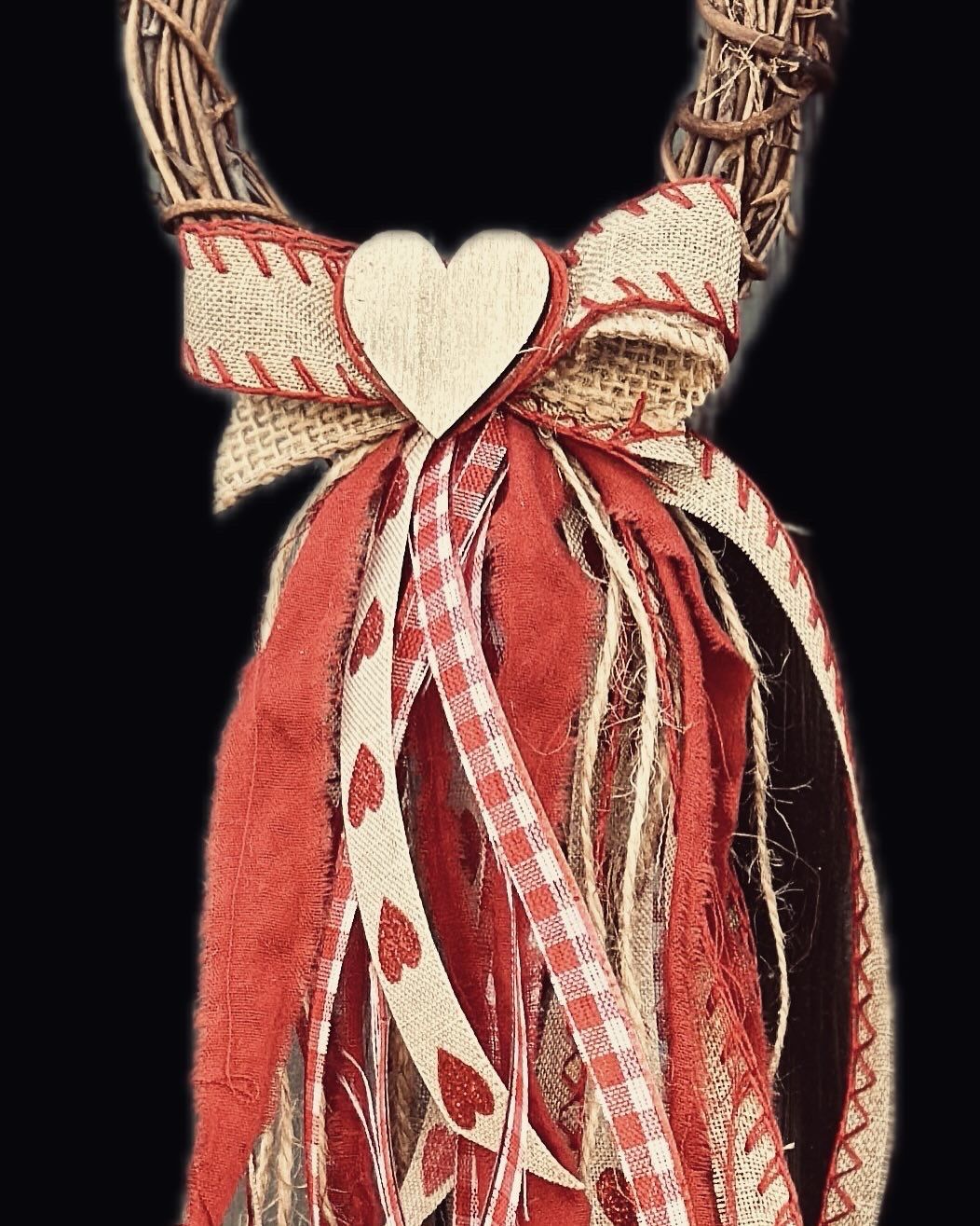 “Red Hearts and Burlap” mini grapevine, fabric, burlap, ribbon, twine wreath/hanger