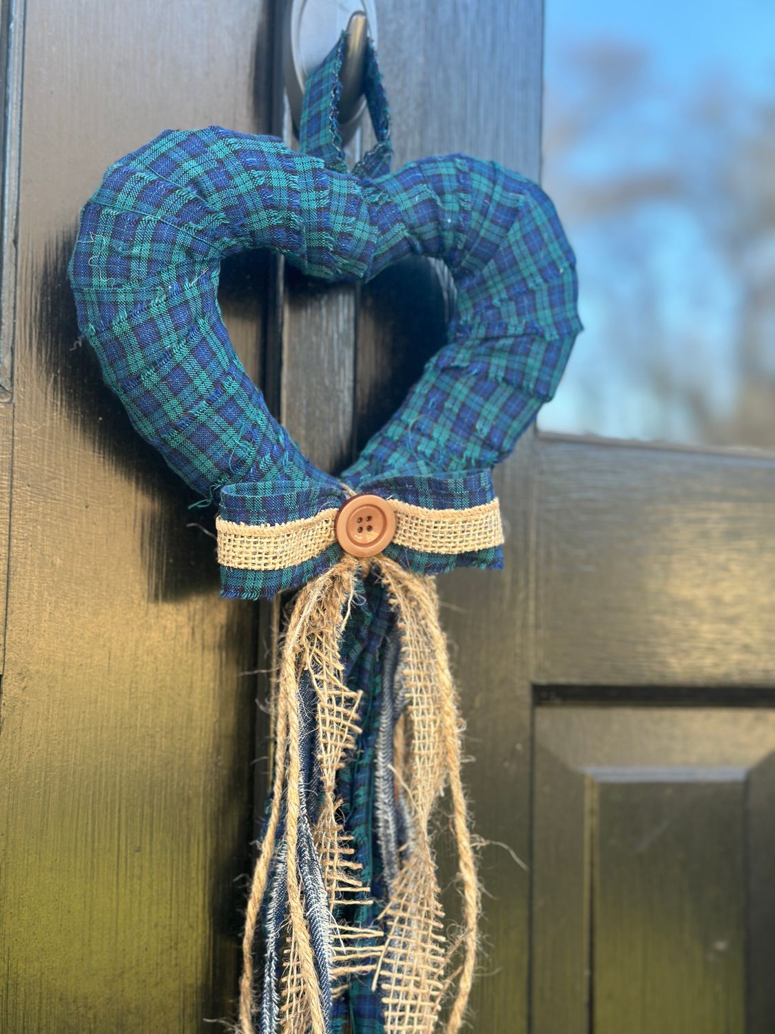 Plaid and Burlap Fabric/Rag Mini Heart Wreath/Hanger