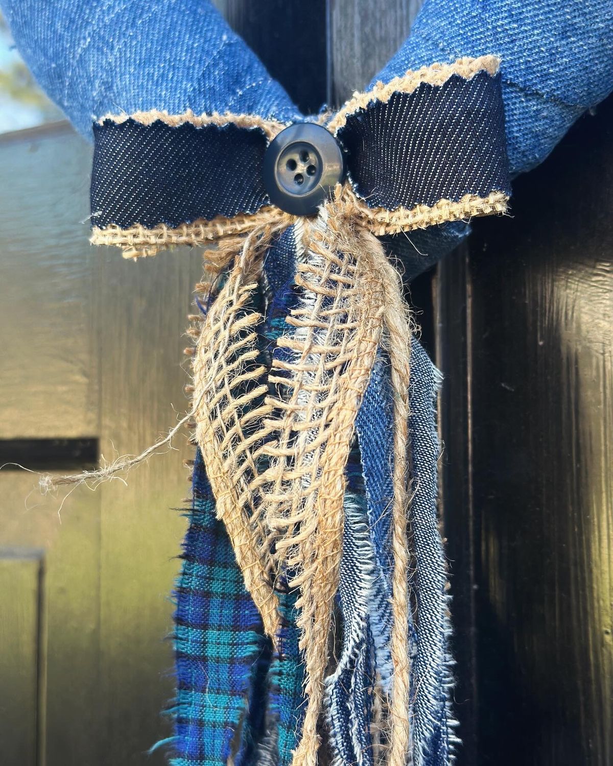 Denim and Burlap Fabric/Rag Mini Heart Wreath/Hanger