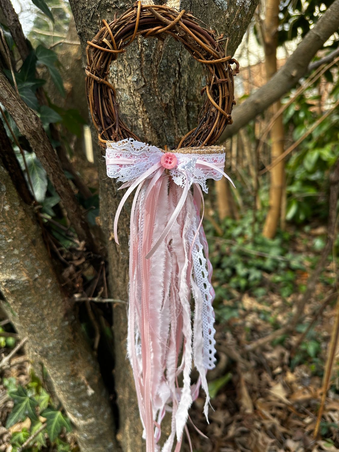 “Pretty in Pink” mini grapevine, fabric, burlap, ribbon, lace wreath/hanger