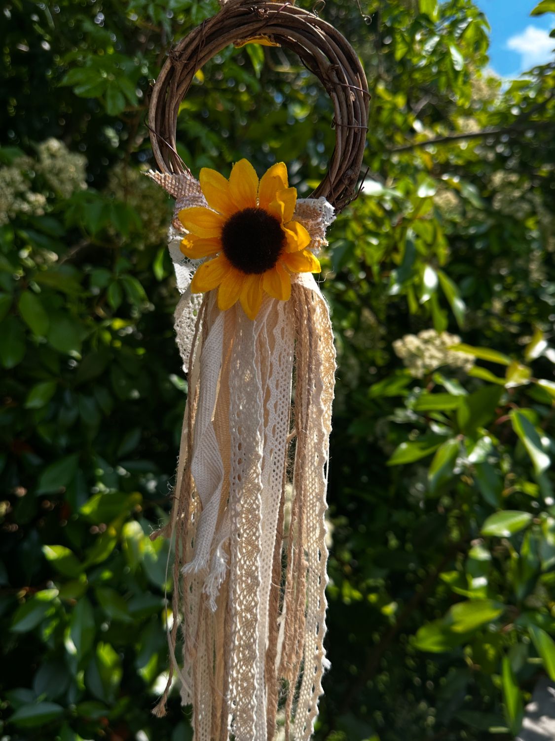 Grapevine Mini Wreath with BlSunflower, fabric, burlap, ribbon, lace, twine