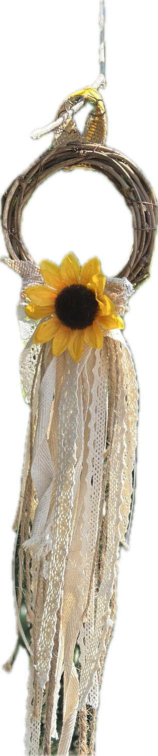 Grapevine Mini Wreath with BlSunflower, fabric, burlap, ribbon, lace, twine