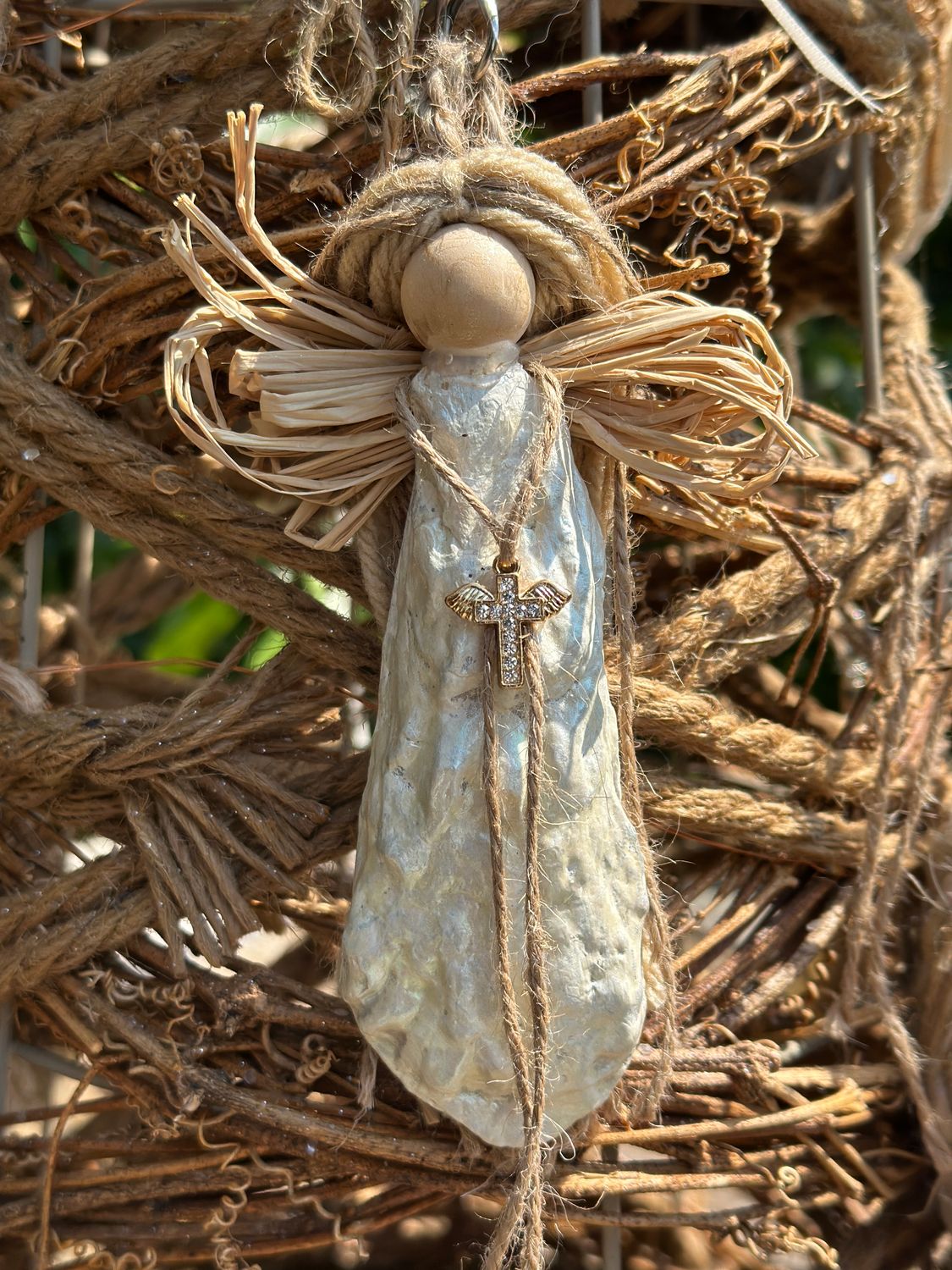 Hand Painted Oyster Shell Angel with Cross
