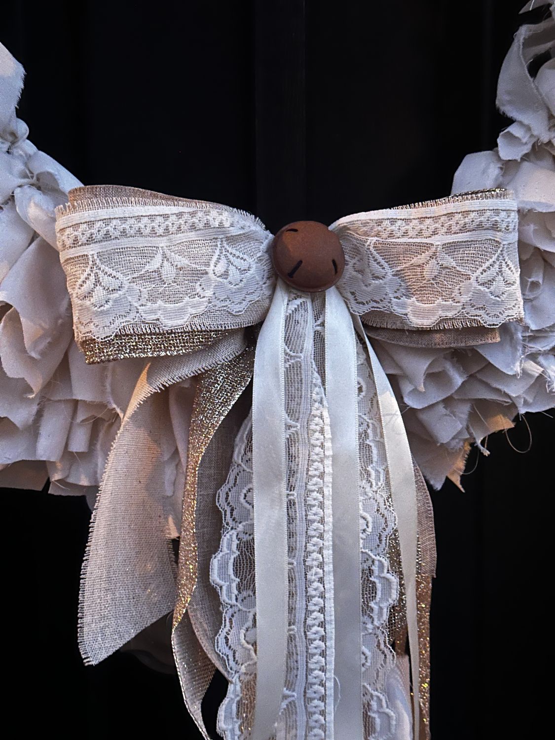 Large Rustic Farmhouse Rag Wreath (neutral) with Removable Jingle Bell Bow and Tail