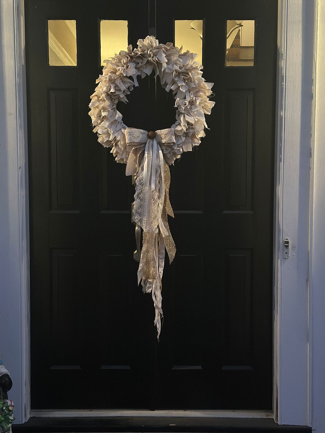 Large Rustic Farmhouse Rag Wreath (neutral) with Removable Jingle Bell Bow and Tail