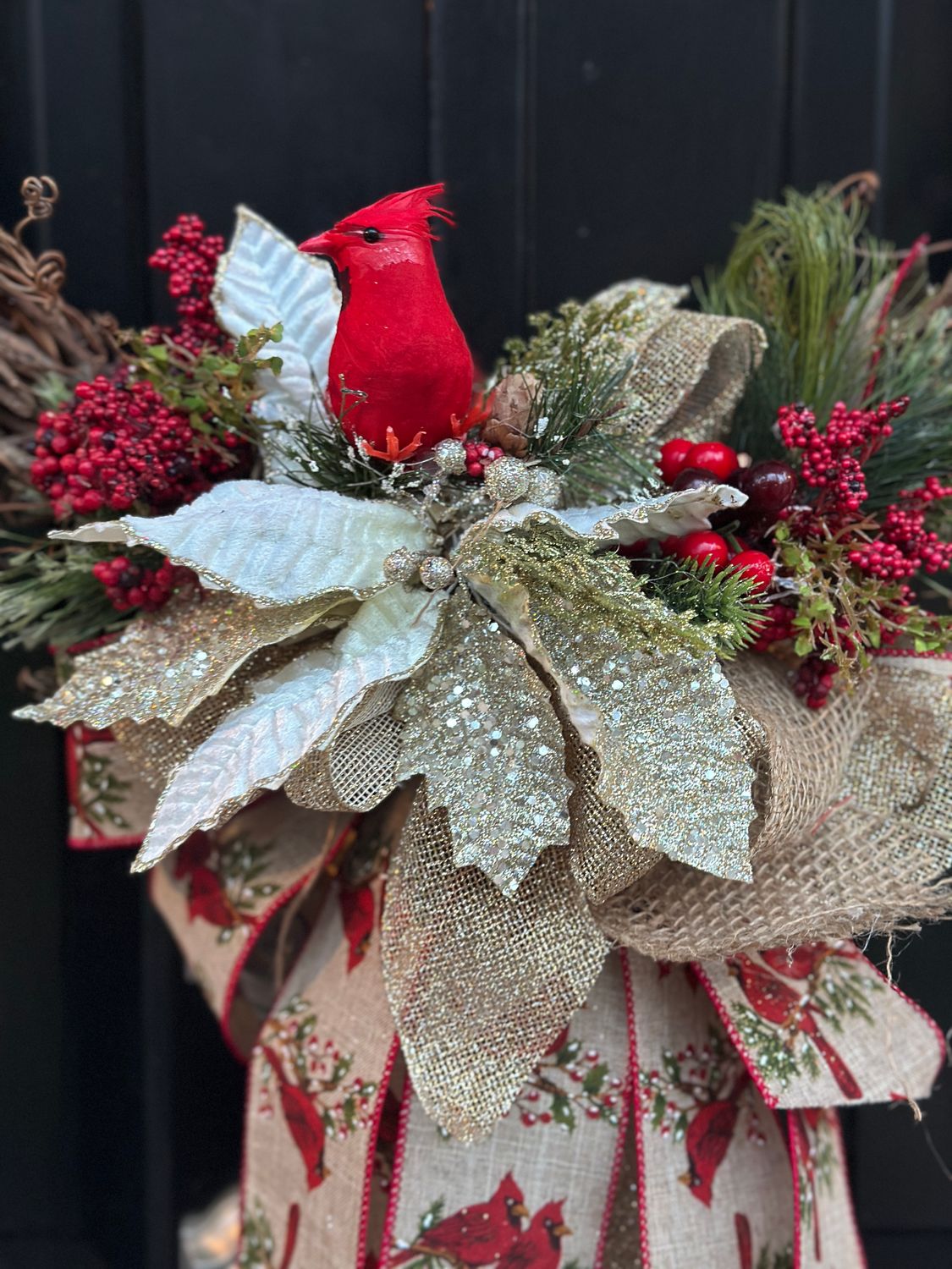Cardinal Grapevine and Floral Wreath