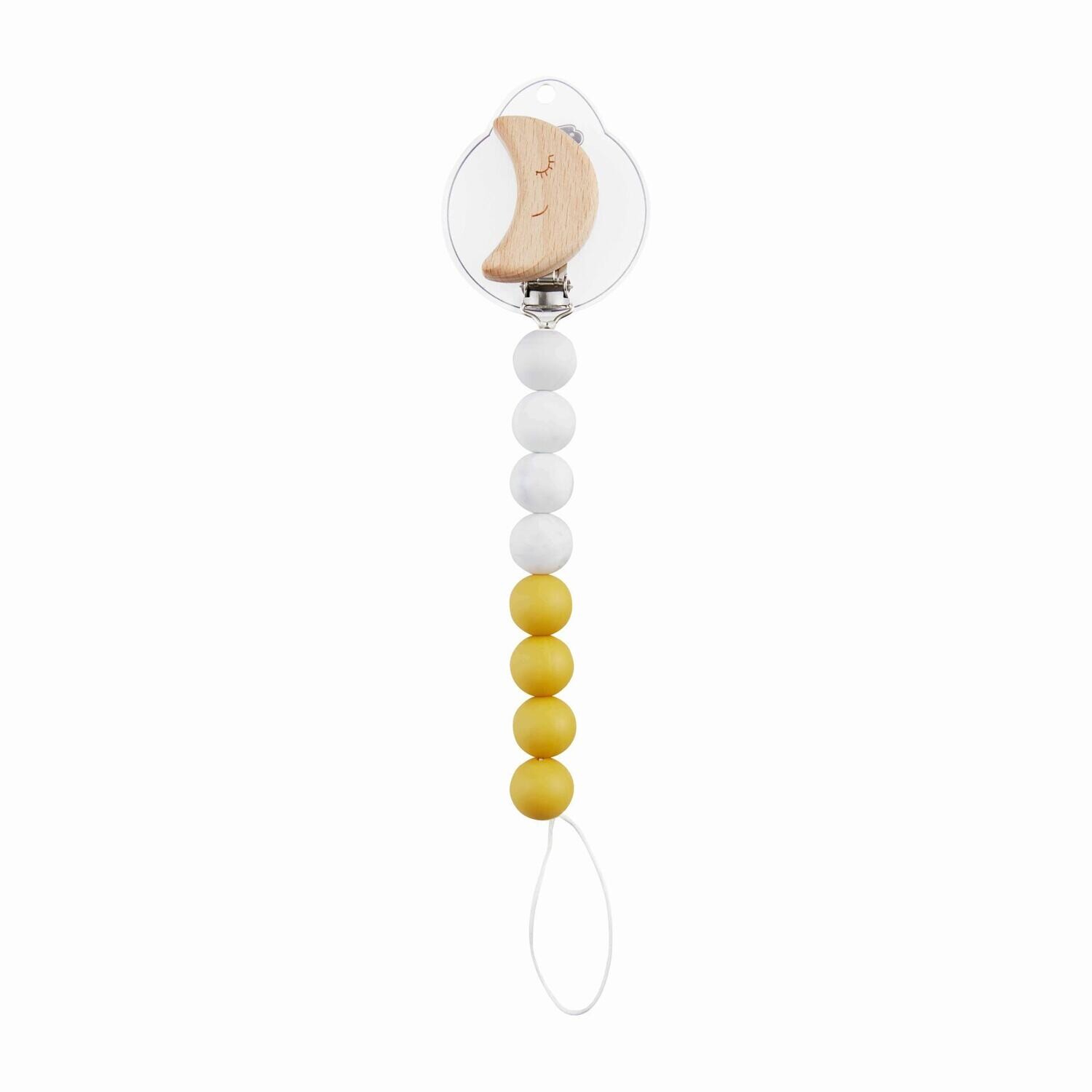 Yellow Moon Silicone and Wood Pacy Clip