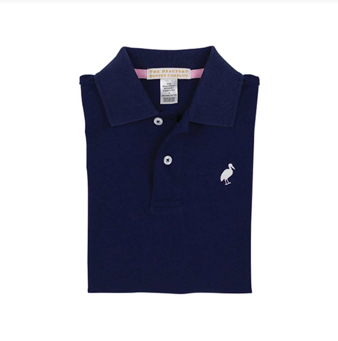 Prim and Proper Polo in Nantucket Navy with Multicolor Stork, Size: 0-6M