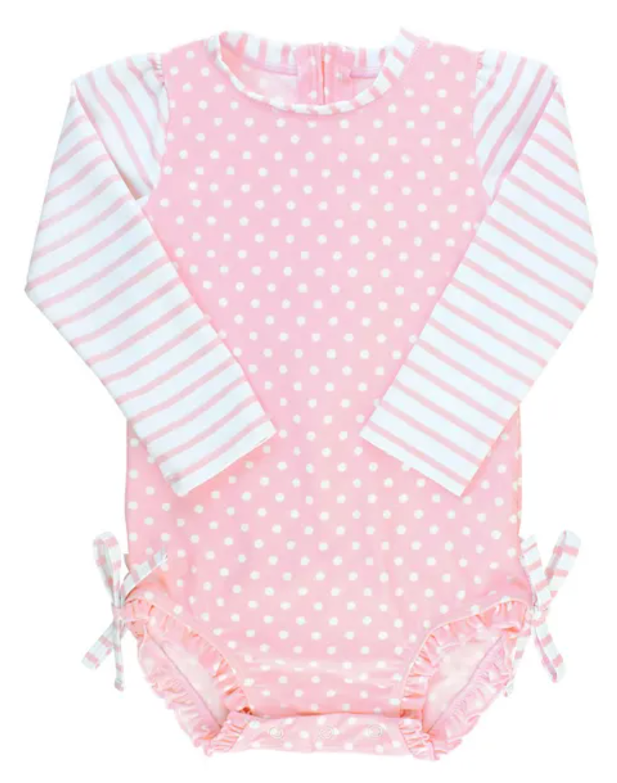 Pink Polka Dot Long Sleeve One Piece Rash Guard