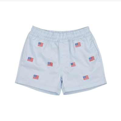 Critter Sheffield Shorts in Buckhead Blue with Flags and Multicolor Stork