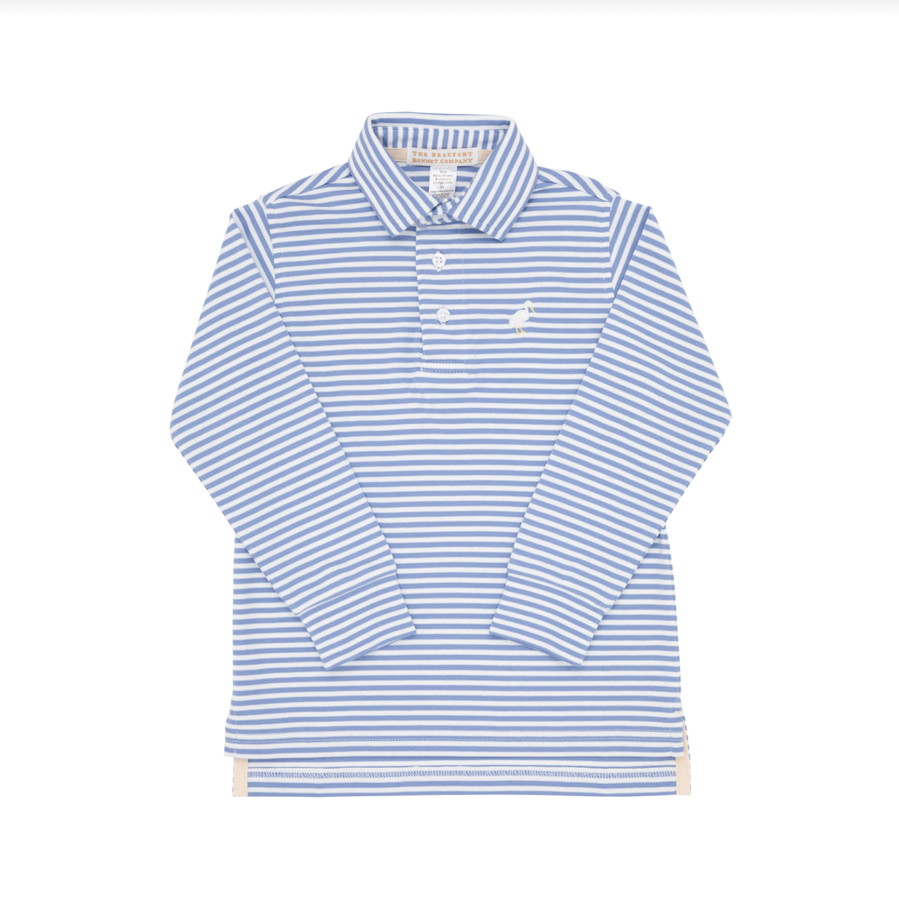 Prim and Proper Polo Long Sleeve in Park City Periwinkle Stripe with Multicolor Stork