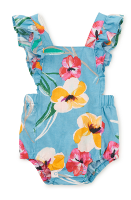 Painterly Hibiscus in Blue Ruffle Bubble Baby Romper