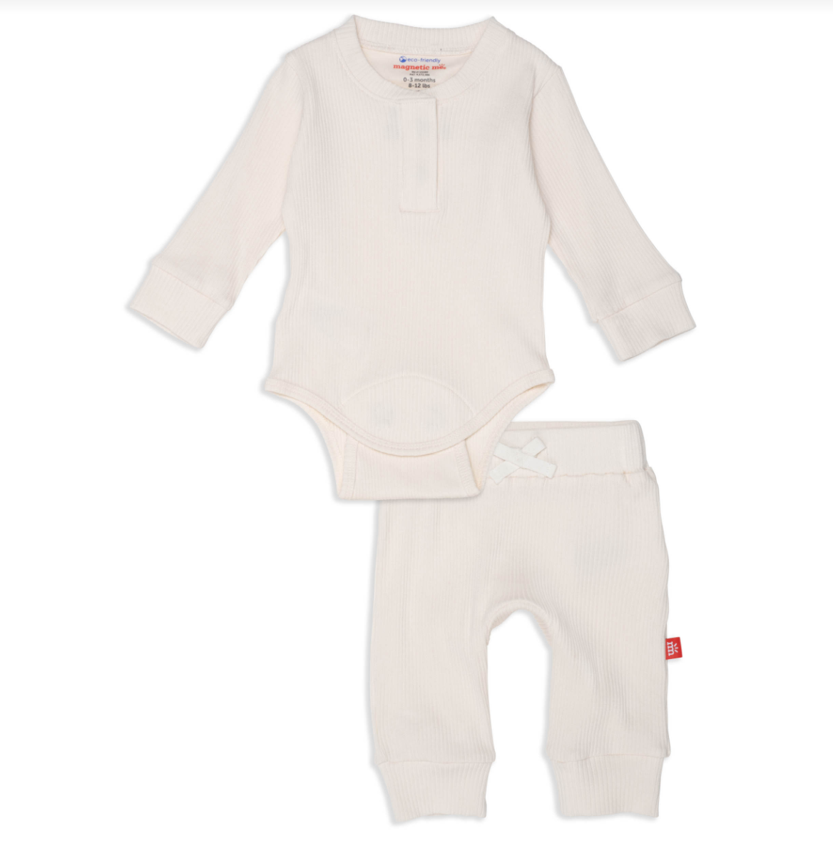Whipped Cream Ribbed Cotton Magnetic Long Sleeve Bodysuit and Pants Set