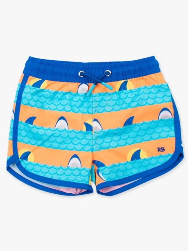 Neon Sharks and Stripes Dolphin Swim Trunks