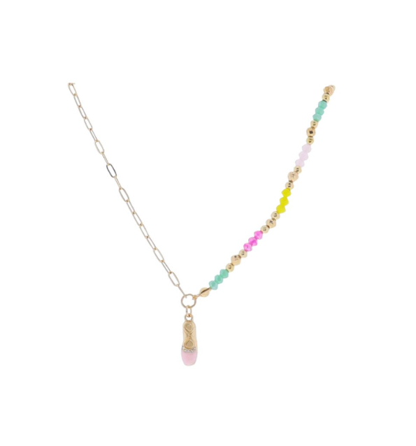 Kids 14" Turquoise, Hot Pink, Yellow, Gold Beaded Necklace with Pink Ballet Slipper Pendant