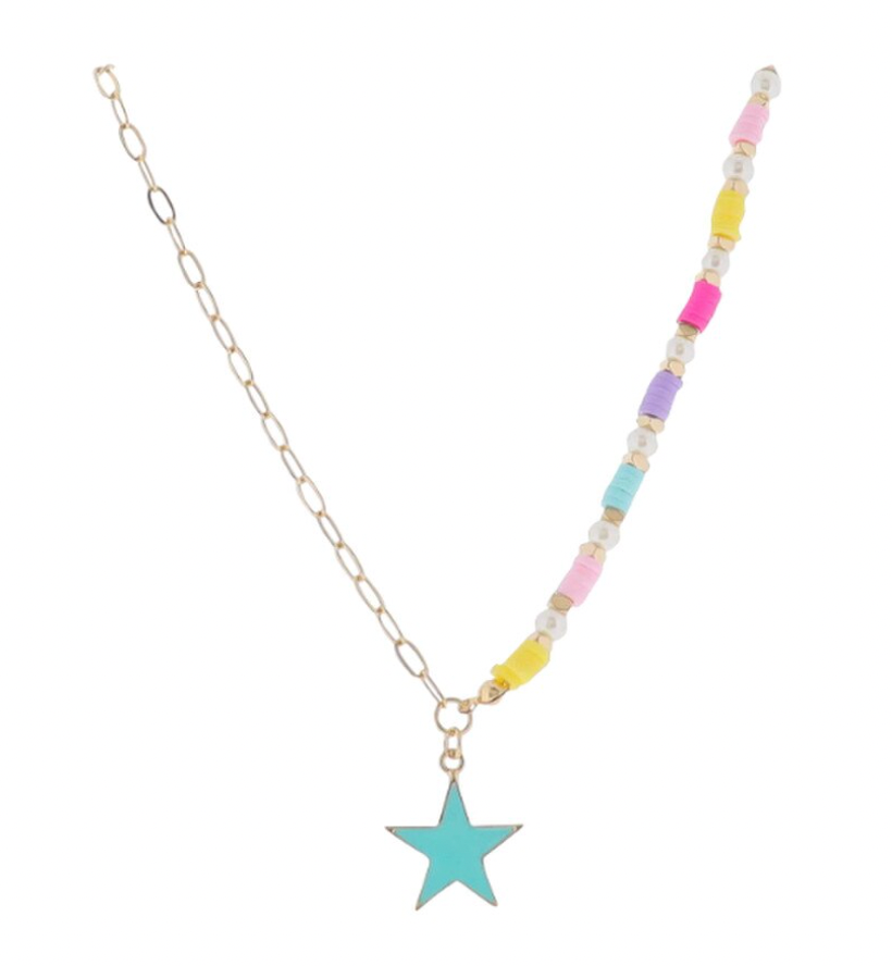 Kids 14" Yellow, Purple, Pink, Pearl Beaded Necklace with Turquoise Star Pendant