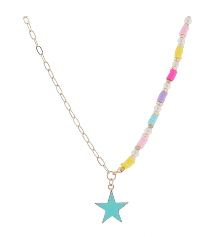 Kids 14" Yellow, Purple, Pink, Pearl Beaded Necklace with Turquoise Star Pendant