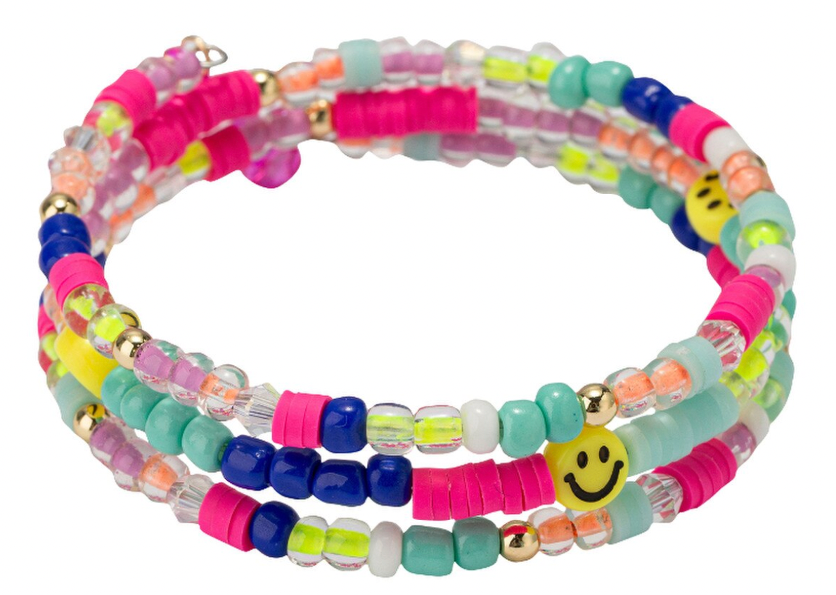 Kids Multi Beaded Coil Wrap Bracelet with Happy Faces